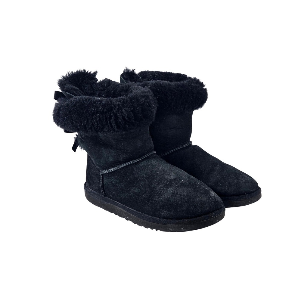 UGG Australia Bailey Bow Black Suede Sheepskin Leather Booties Boots F10012H GUC